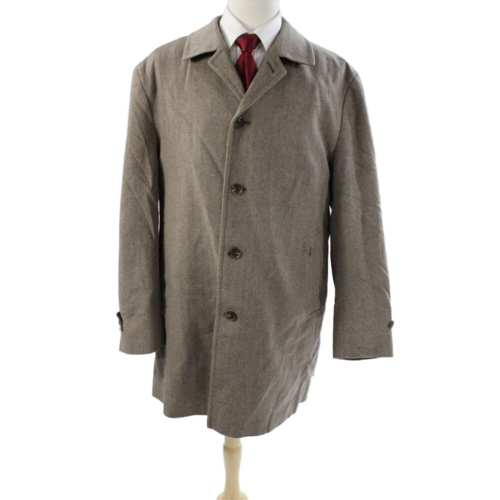 Sanyo Mens Overcoat Brown Herringbone Polyester Button Fall Size 42